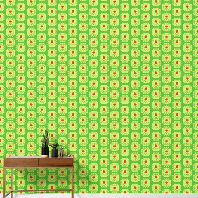 Red Tulips on Green - Retro Spring Floral Pattern Wallpaper (Hallway)