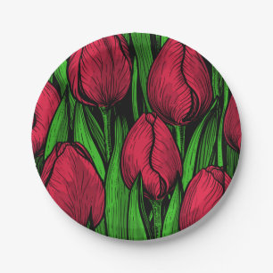 Red tulips paper plate
