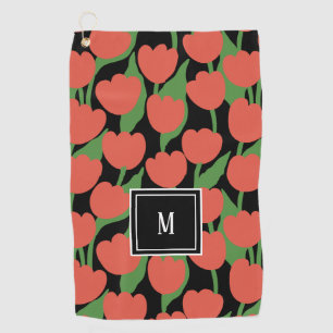 Red tulips retro, personalised monogram  golf towel