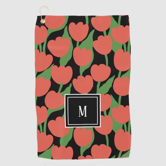 Red tulips retro, personalised monogram  golf towel (Front)