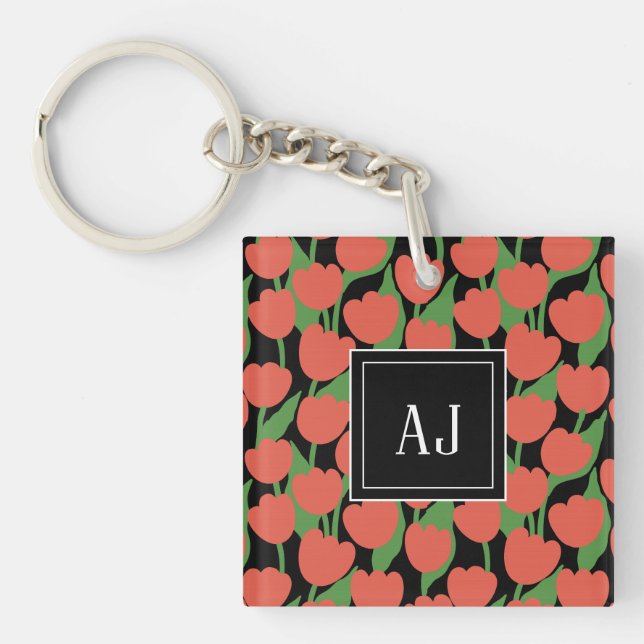 Red tulips retro, personalised monogram  key ring (Front)