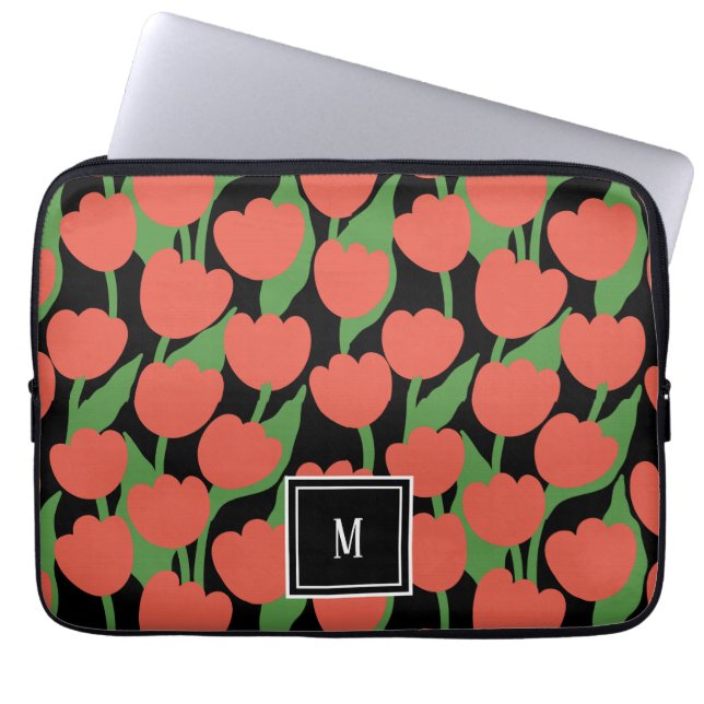 Red tulips retro, personalised monogram  laptop sleeve (Front)
