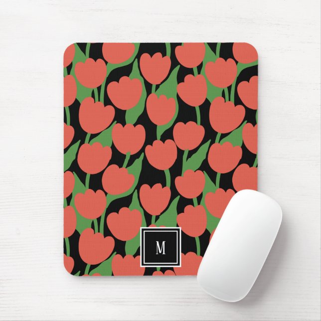 Red tulips retro, personalised monogram  mouse pad (With Mouse)