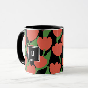 Red tulips retro, personalised monogram Mug