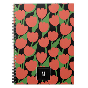 Red tulips retro, personalised monogram  notebook
