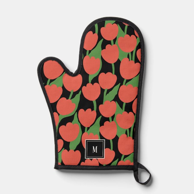 Red tulips retro, personalised monogram  oven mitt (Front)