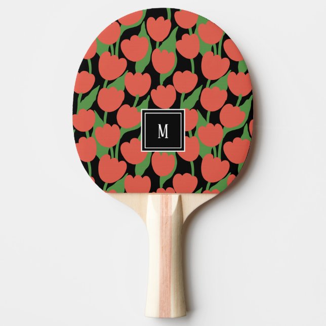 Red tulips retro, personalised monogram  ping pong paddle (Front)