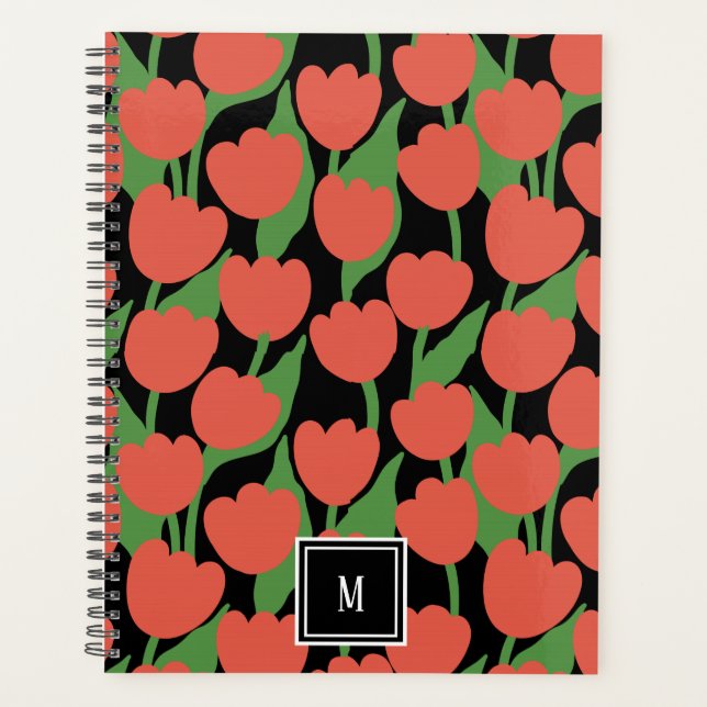 Red tulips retro, personalised monogram  planner (Front)