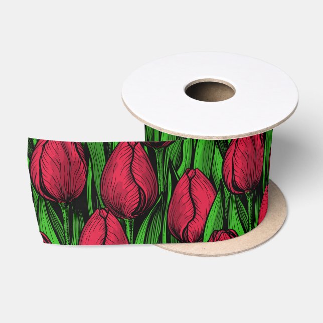 Red tulips satin ribbon (Spool)
