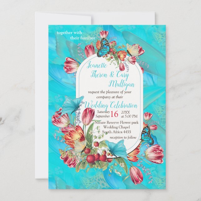 Red Tulips & Visiting & Visiting Butterflies. Invitation (Front)