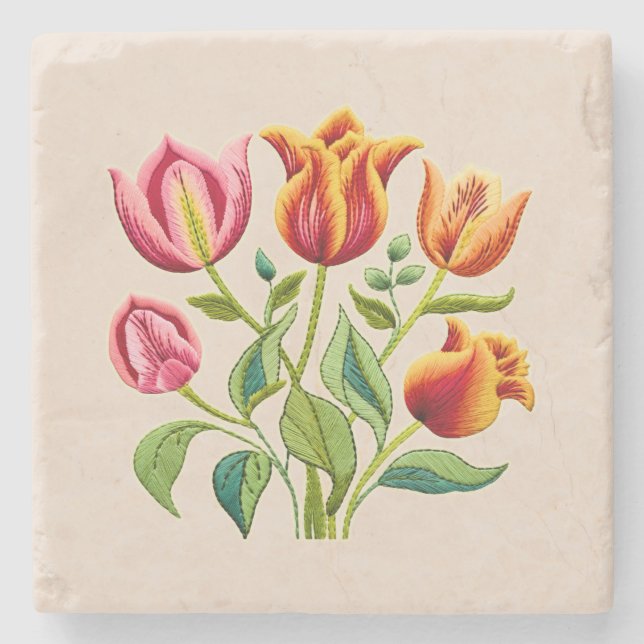 Red Tulips with a hint of yellow Stone Coaster  (Front)