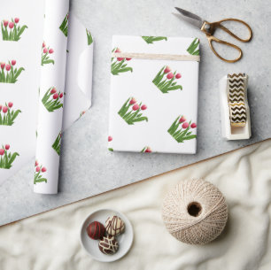 Red Tulips with Greenery on White Wrapping Paper