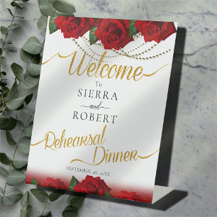 Red Turkish Roses Rehearsal Dinner Pedestal Sign