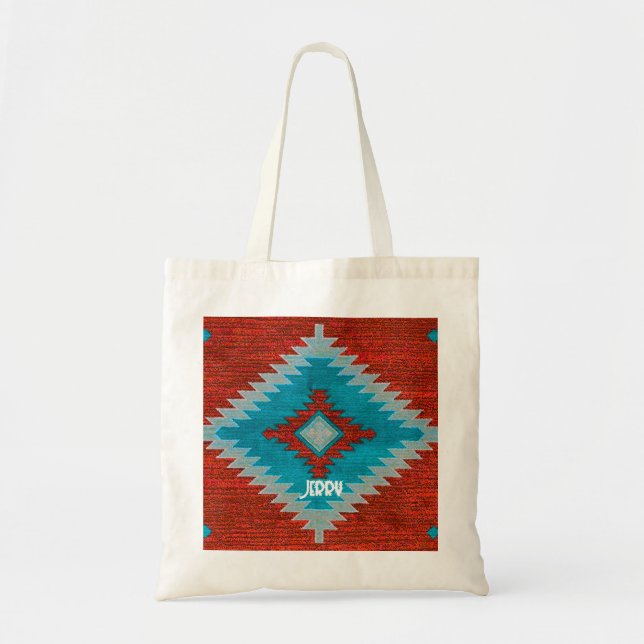 Red Turquoise Aztec Southwest Tribal Pattern Tote Bag (Front)