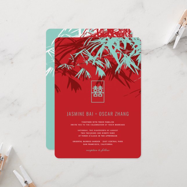 Red & Turquoise Bamboo Leaves Zen Chinese Wedding  Invitation (Front/Back In Situ)