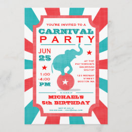 Red | Turquoise Carnival Party Big Top Birthday Invitation