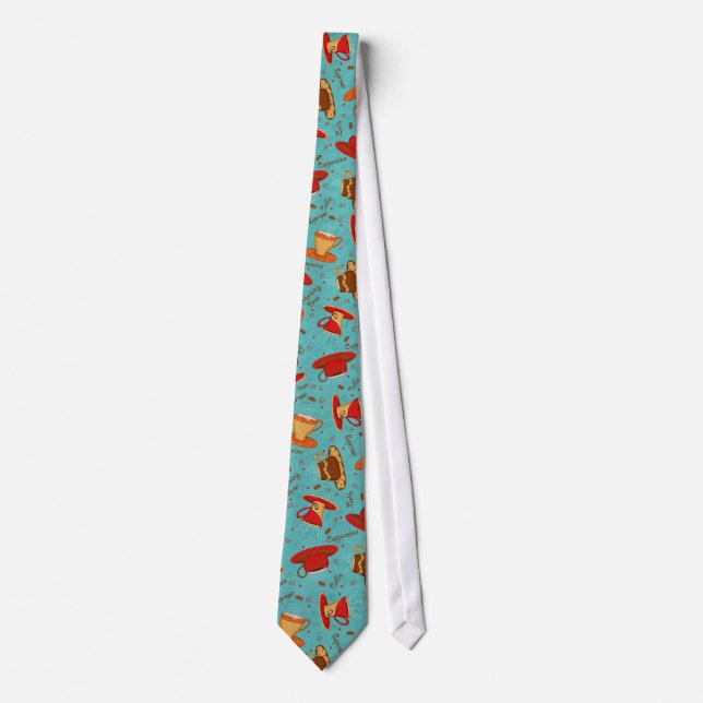 Red & Turquoise Coffee Cup Pattern Man's Neck Tie (Front)