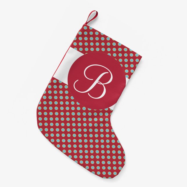 Red turquoise dots monogram Christmas stocking (Front (Hanging))