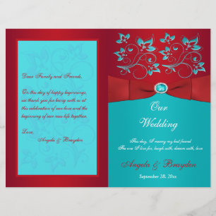 Red, Turquoise Floral Wedding Program