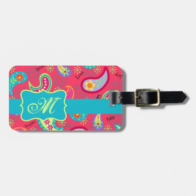 Red Turquoise Modern Paisley Pattern Monogram Luggage Tag (Front Horizontal)