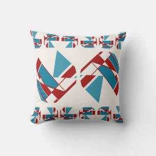 Red Turquoise Navy Bordered Mid-century Modern Cushion