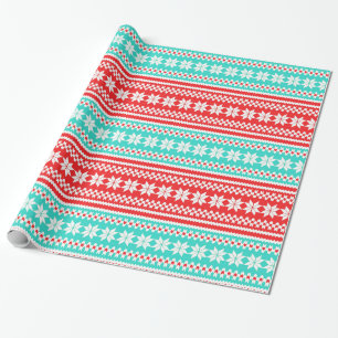Red Turquoise Norwegian Christmas Sweater Pattern Wrapping Paper