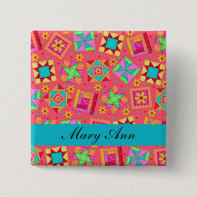 Red Turquoise Patchwork Quilt Name Badge (Front)