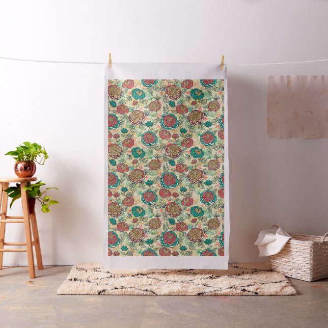 Red & Turquoise Peonies Floral Illustration Fabric (In Situ)