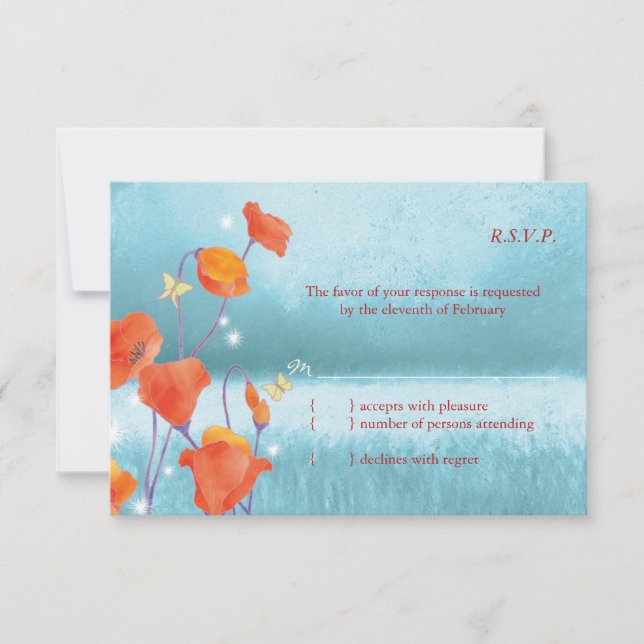 Red & Turquoise Poppy Floral Wedding RSVP Card (Front)