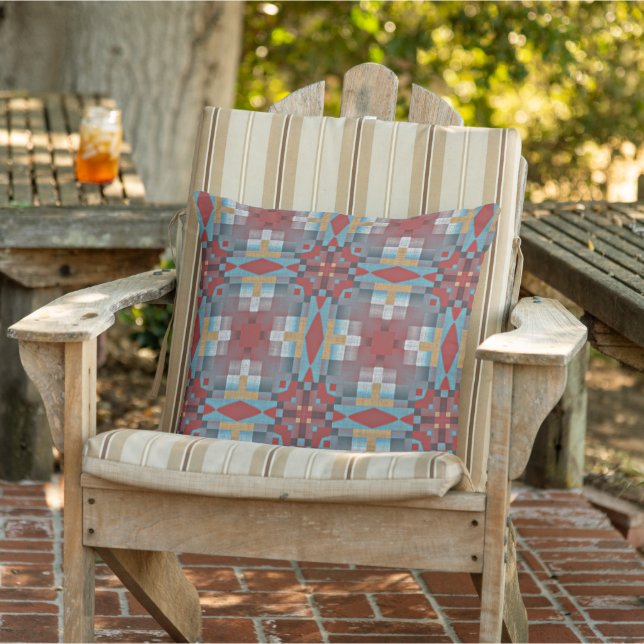 Red Turquoise Teal Blue Mustard Brown Tribal Art Cushion (Chair)