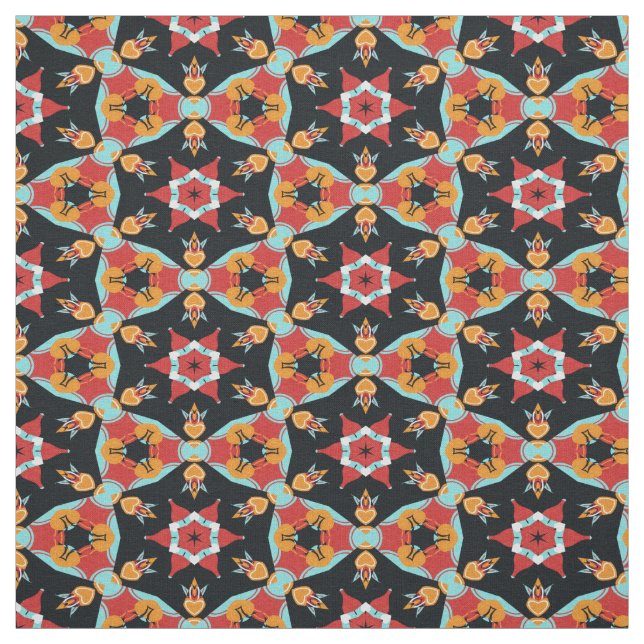 Red Turquoise Yellow Orange Mandala Star Pattern Fabric (Swatch)