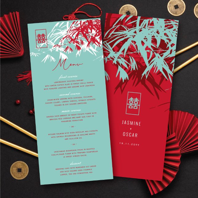 Red & Turquoise Zen Bamboo Leaves Chinese Wedding Menu (Red & Turquoise Zen Bamboo Leaves Chinese Wedding Menu @ fatfatin_red_knot)