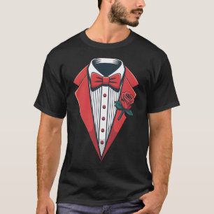 Red Tuxedo Costume With Rose Fancy Formal Bow Tie T-Shirt