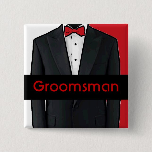 Red tuxedo customisable groomsman button (Front)