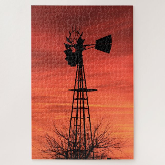 Red Twilight Kansas Sunset Windmill  silhouette Jigsaw Puzzle (Vertical)