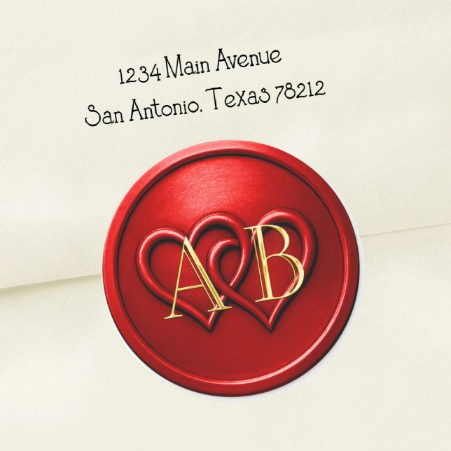 Red Two Hearts Intertwined Monogram Wedding Classic Round Sticker (Creator Uploaded)