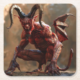 red two-horned devil square paper coaster