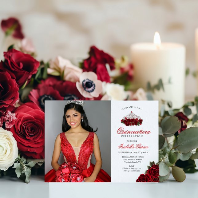 Red  Two Photo Floral Quinceanera  Invitation (Creator Uploaded)