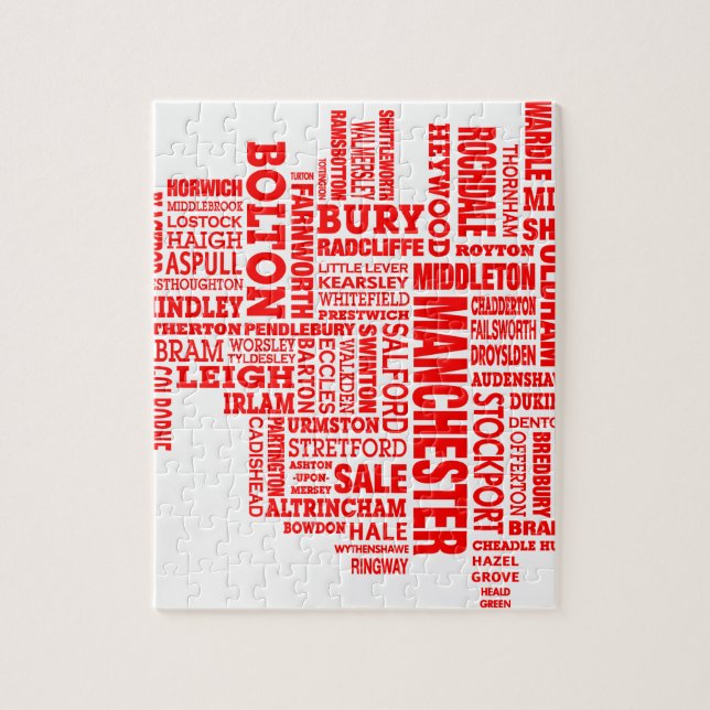 Red type map of Greater Manchester Jigsaw Puzzle (Vertical)