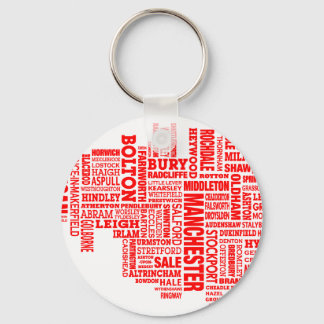 Red type map of Greater Manchester Key Ring