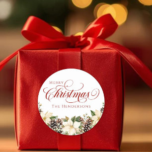 Red Typography Christmas Poinsettia white Classic Round Sticker