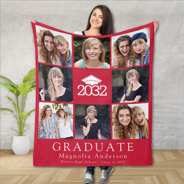 Red Typography Graduation Photo Collage Fleece Blanket (Creator Uploaded)