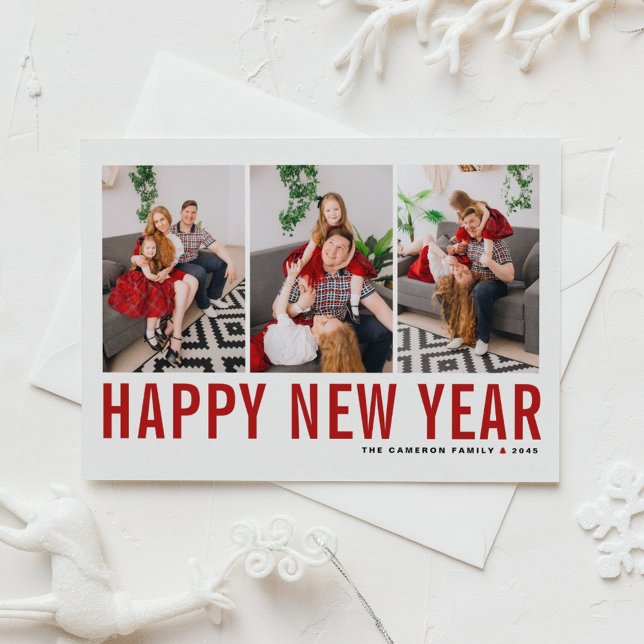 Red Typography Happy New Year Photo Collage  Holiday Card (Send new year cheer with this customizable red three-photo-collage Happy New Year Card. )