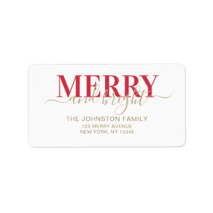 Red typography merry and bright Christmas Label