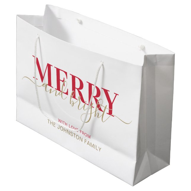  Red typography merry and bright Christmas Large Gift Bag (Front Angled)
