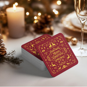 Red Typography Merry Christmas Square Paper Coaster