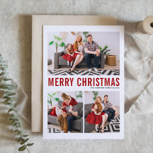 Red Typography Three Photo Merry Christmas Card