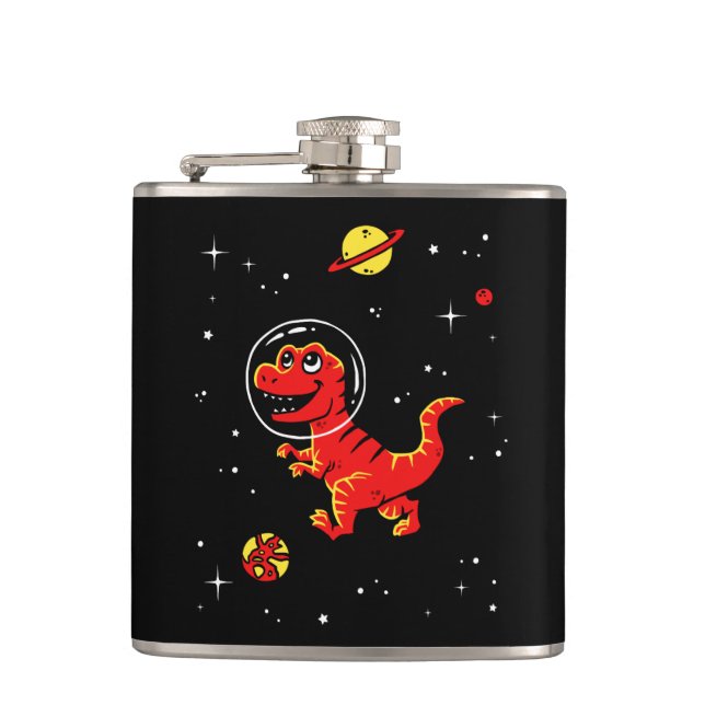 Red Tyrannosaurus Rex Dinos In Space Hip Flask (Front)