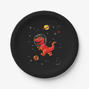 Red Tyrannosaurus Rex Dinos In Space Paper Plate