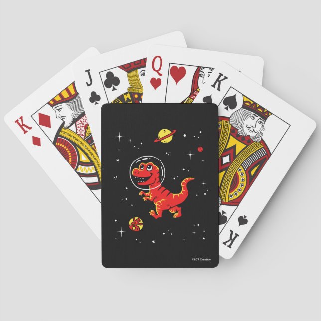 Red Tyrannosaurus Rex Dinos In Space Playing Cards (Back)
